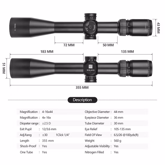 Alcance táctico Spina Optics 4-16X44 Sf Mira telescópica compacta Alcance de caza